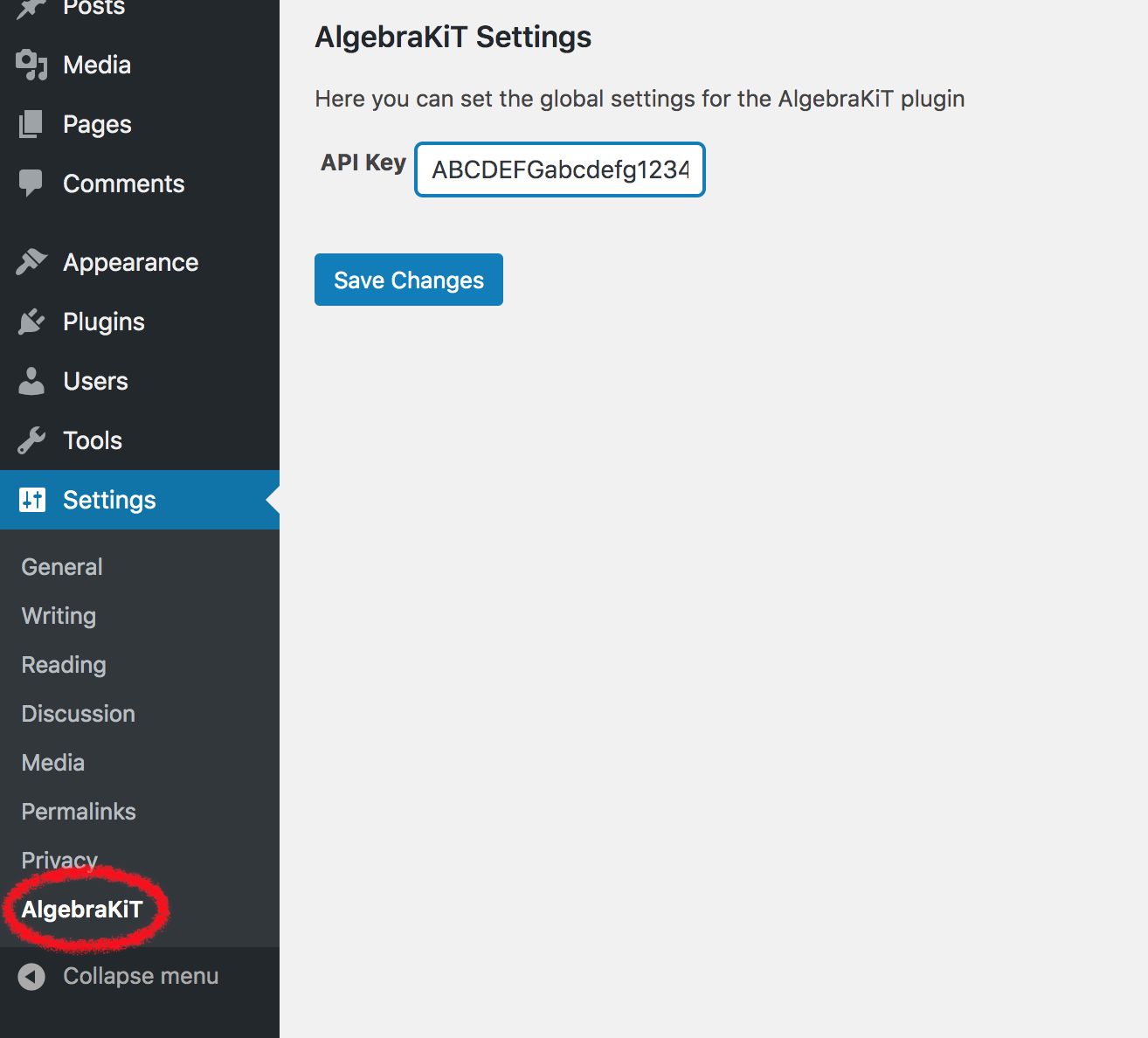 The Algebrakit settings page